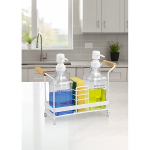 Square Glass Liquid Soap Dispenser Set with Bamboo Stand / White