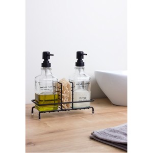 2 Pcs Square Glass Soap Dispenser Set With Metal Stand/Black