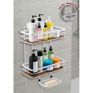 Wood Eco Magic and Screw Fix Rectangle Two Tier Maxi Shampoo Holder + Soap Holder 13x30 cm-White
