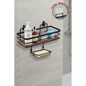 Wood Eco Magic and Screw Fix Rectangle Maxi Shampoo Holder + Soap Holder 13X30 cm-Black