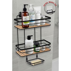 Due Eco Magic and Screw Fix Rectangle Two Tier Maxi Shampoo Holder + Soap Holder 13x30 cm-Black