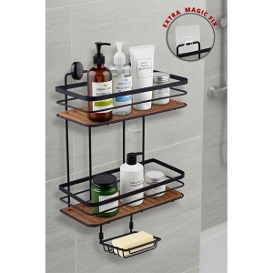 Wood Eco Magic and Screw Fix Rectangle Two Tier Maxi Shampoo Holder + Soap Holder 13x30 cm-Black